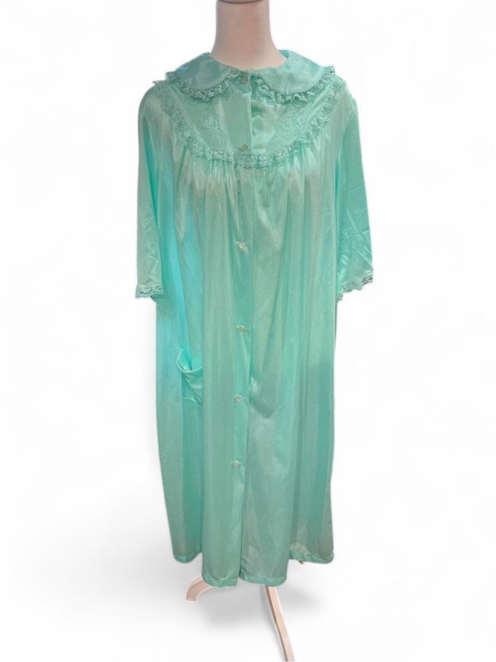 Vintage Mint Green Satin Button-Front Robe Nightgown